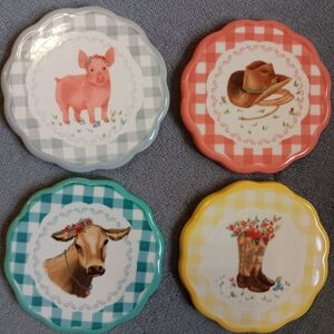 4 Pioneer Women Farmhouse Cabin Kitchen Coasters Ceramic Cork Farm Pig Cow Boot